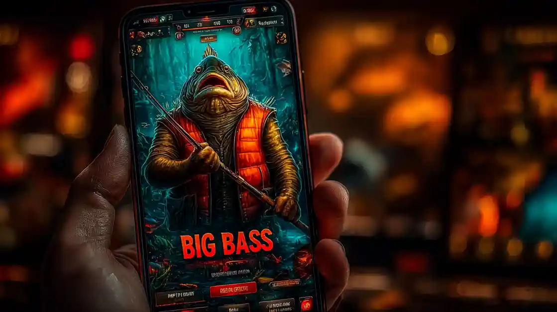 A close-up of a hand holding a smartphone showcasing a BIG BASS fishing game, featuring an anthropomorphic fish character, highlighting the engaging casual games on TK222.