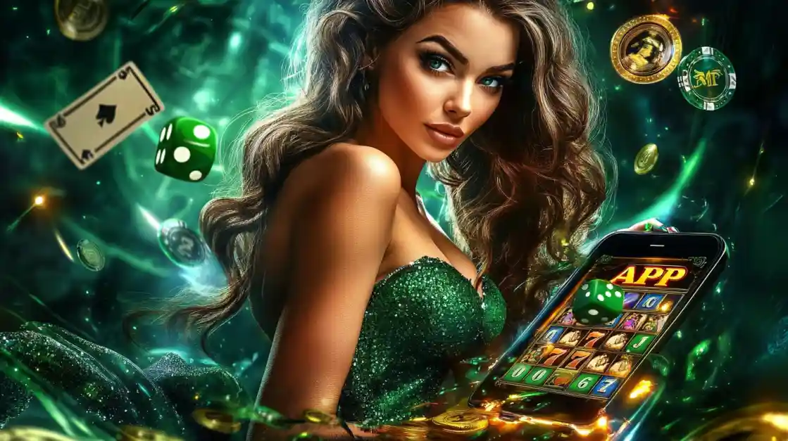 An enchanting woman with flowing hair, adorned in green, gazes captivatingly, surrounded by floating cards, dice, and coins, alongside a smartphone featuring the TK222 gaming app.
