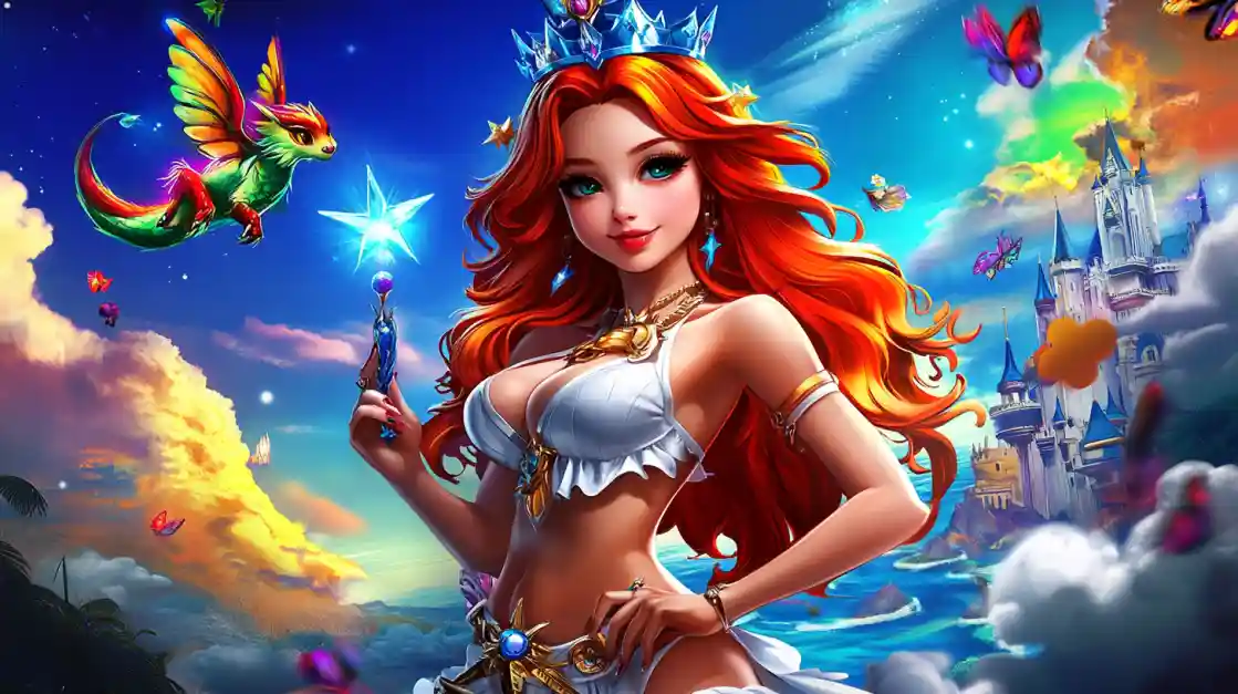 A vibrant fantasy scene featuring a beautiful princess with fiery red hair and a crown, holding a magic wand, with a small winged dragon and a fairytale castle in the background, embodying the magical world of TK222.