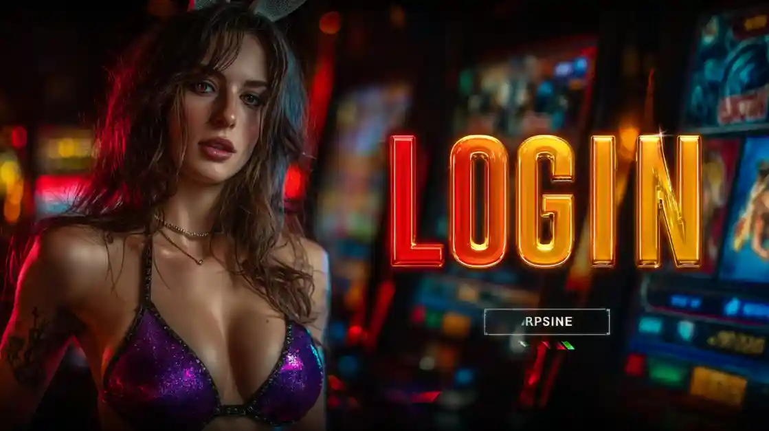 A captivating woman in a shimmering top stands beside a prominent LOGIN interface, with TK222 slot machines softly blurred in the background, inviting users to enter the world of TK222.