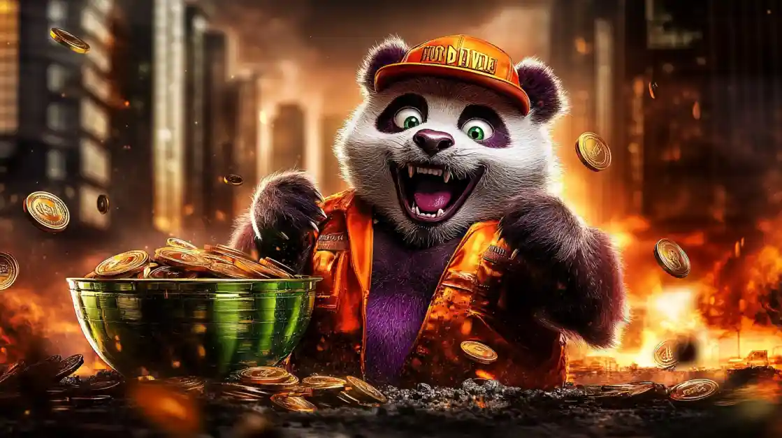 A cheerful panda character wearing an orange cap and jacket, surrounded by golden coins and a bowl of money, symbolizing wealth and good fortune with TK222.