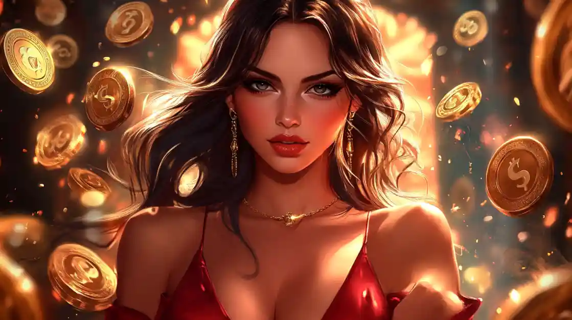 A stunning woman in a red dress, adorned with delicate jewelry, looks directly at the viewer as a shower of golden TK222 coins rains down around her, symbolizing big wins.