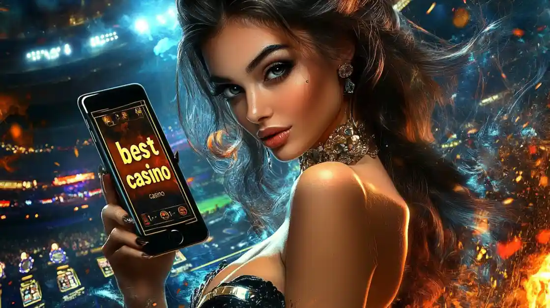 An alluring woman holds a smartphone with the best casino app from TK222 glowing on the screen, set against the backdrop of a brightly lit stadium and ambient flames.