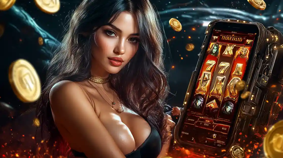 A beautiful woman in a black top looks confidently at the viewer while holding a smartphone displaying a TK222 mobile slot game with 777 symbols and golden coins.