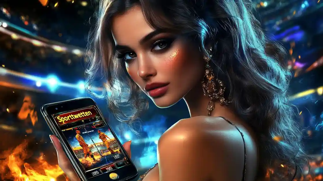 A glamorous woman with elegant makeup looks over her shoulder, holding a smartphone displaying the TK222 sports betting app against a vibrant stadium backdrop with fire effects.